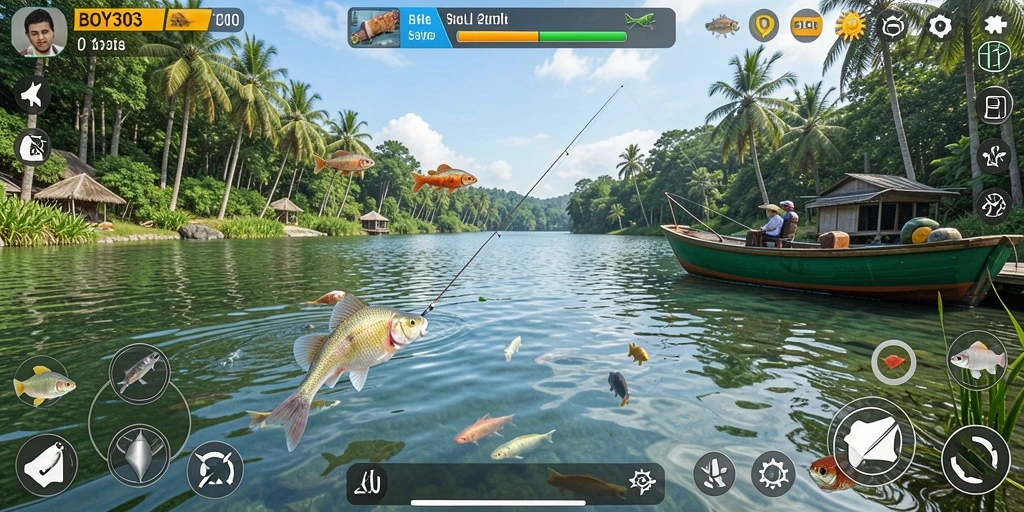 Tampilan gameplay <strong>BOY303</strong> dengan berbagai ikan dan teknik memancing.
