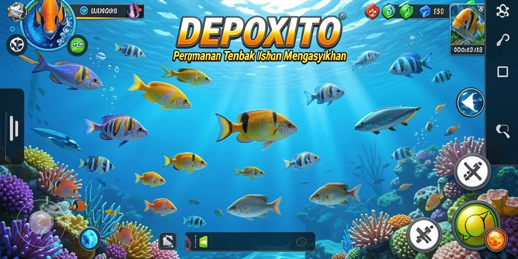 Tangkapan layar gameplay DEPOXITO yang menggambarkan momen menembak ikan.