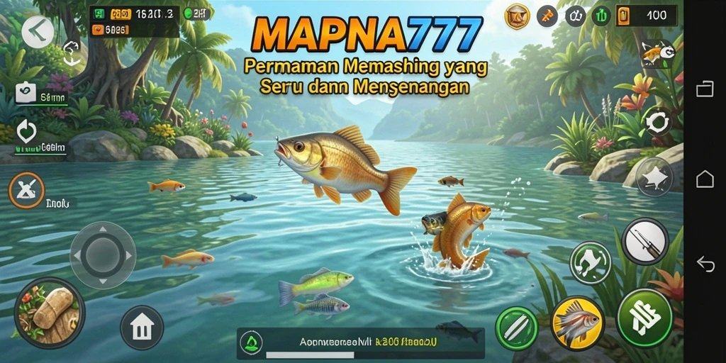 Tampilan gameplay MAPNA777 saat menangkap ikan di danau yang indah.