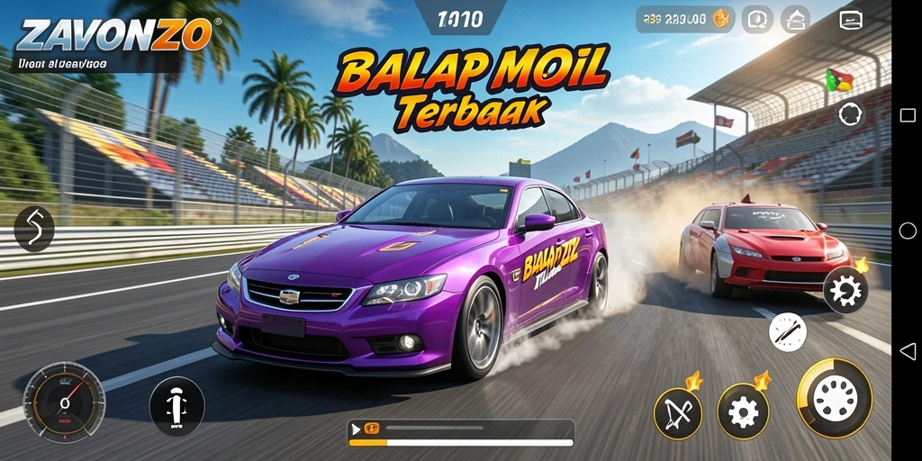 Tampilan gameplay ZAVONZO dengan mobil balap yang melaju cepat di lintasan.