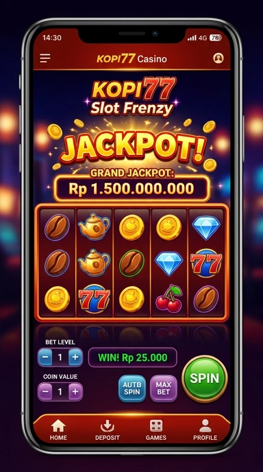 Cuplikan layar dari aplikasi kopi77 yang menampilkan antarmuka pengguna yang menarik.